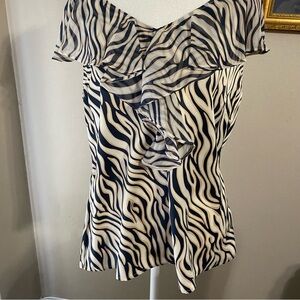 Preston & York NWT "Emily" Blouse Sz 14 Navy White Zebra Print Ruffle